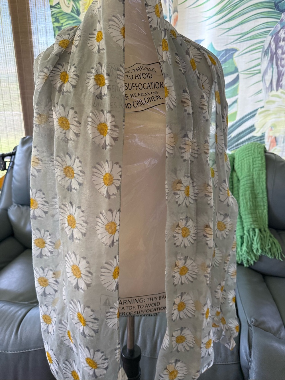 Joy Susan Grey Sheer Daisy Scarf with White and Yellow Flowers